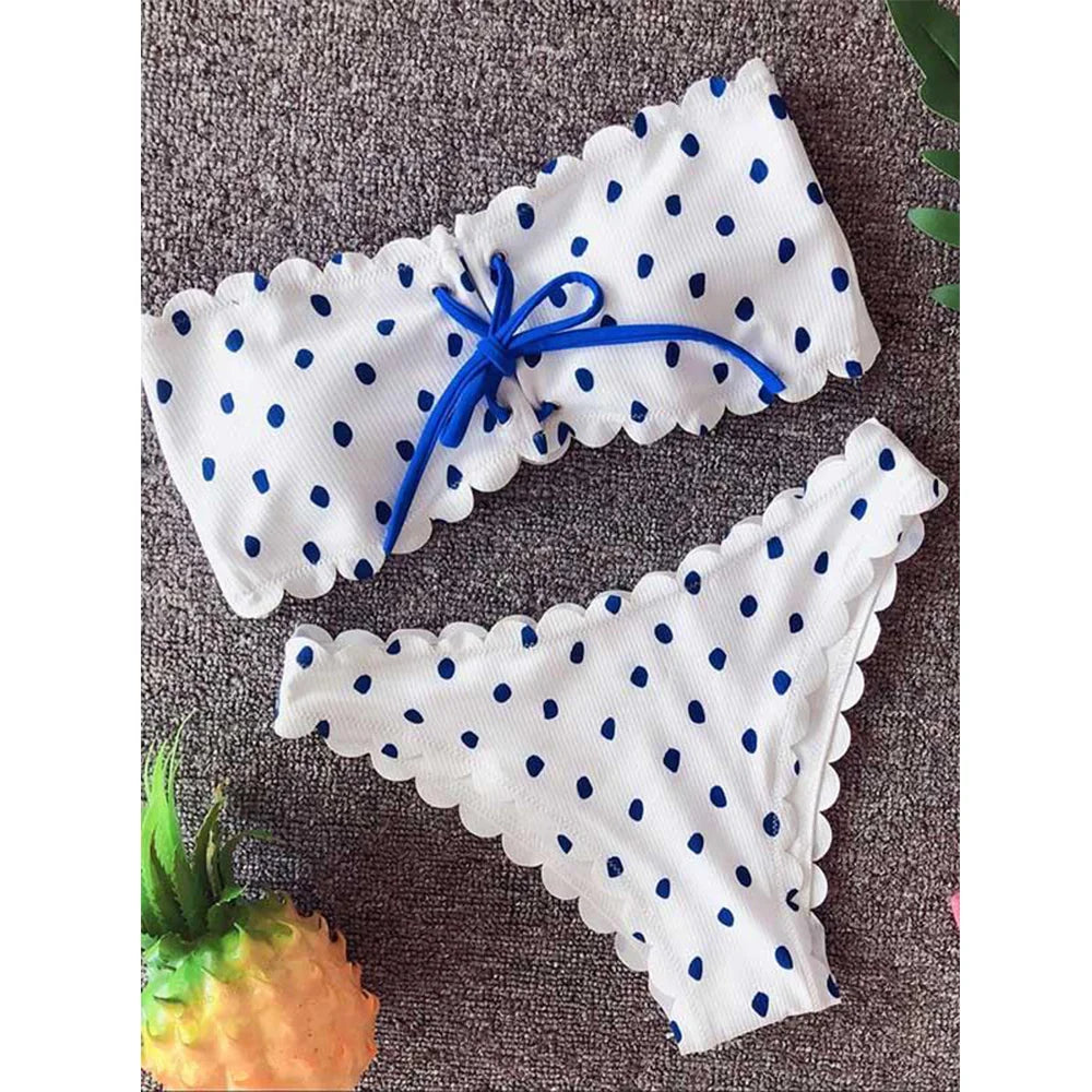 Women's Swimsuit Set Woman 2 Pieces  Polka-Dot Lace Up Bikinis Swimwear Holiday Beachwear Bathing Suit Vedee