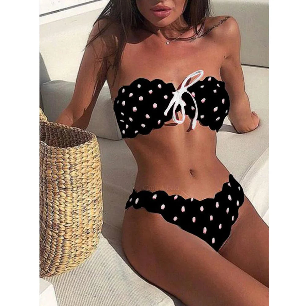 Women's Swimsuit Set Woman 2 Pieces  Polka-Dot Lace Up Bikinis Swimwear Holiday Beachwear Bathing Suit Vedee