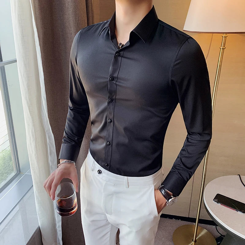 10 Colors High Quality Men Dress Shirt 2021 Autumn Long Sleeve Solid Business Slim Fit Shirts Homme Dress Social Casual Shirt Vedee