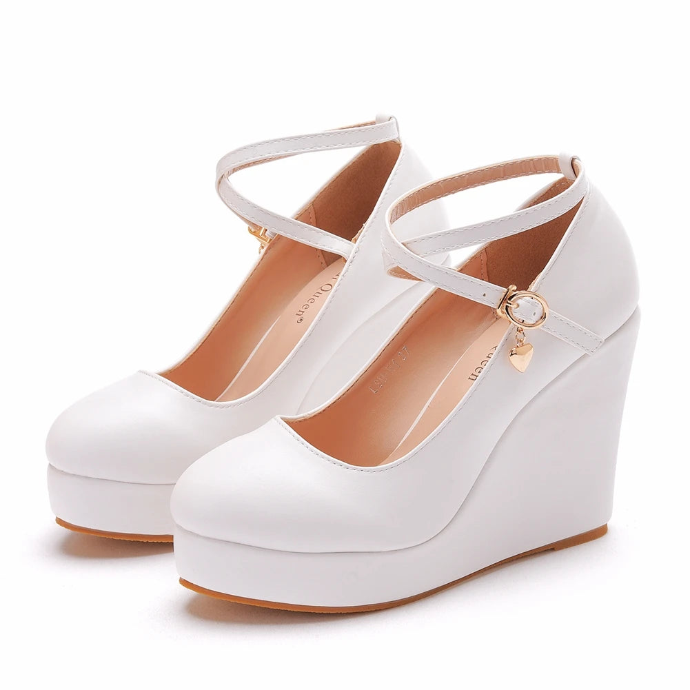 High Heels Plus Size Platform Wedges Female Pumps Women's Flock Buckle Ankle Strap Wedding Shoes Vedee