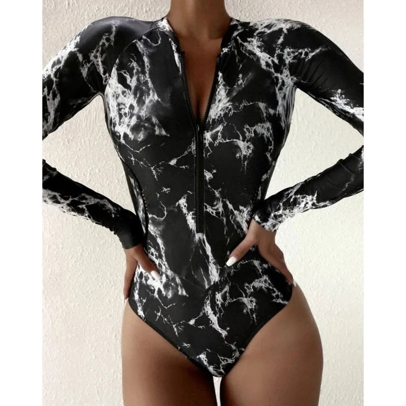 Summer Print Zipper One Piece Swimsuit Closed Long Sleeve Swimwear Sports Surfing Women's Swimming Bathing Suit Beach Bather Vedee