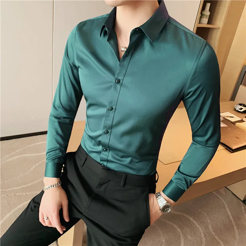 10 Colors High Quality Men Dress Shirt 2021 Autumn Long Sleeve Solid Business Slim Fit Shirts Homme Dress Social Casual Shirt Vedee