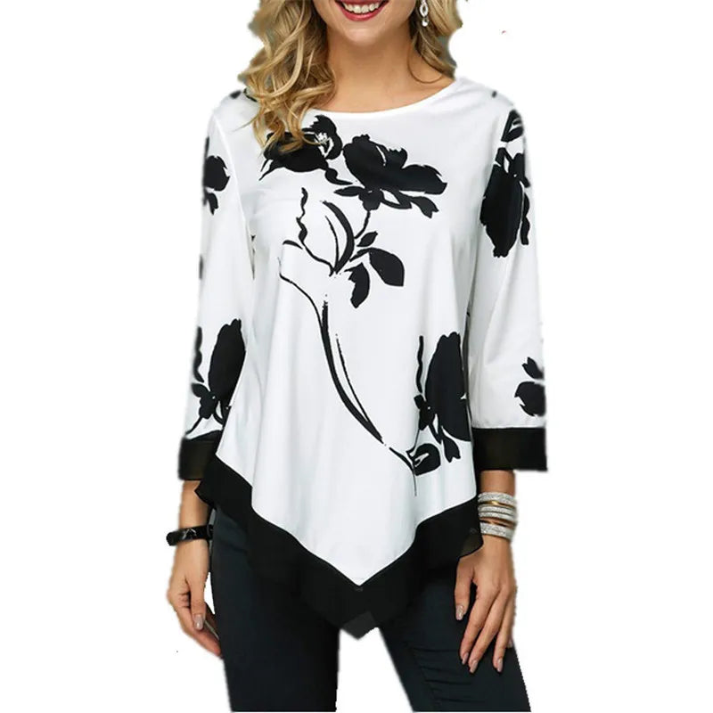 New Spring Oversized Women T Shirt Casual Irregular O-Neck Lace Splice Floral Printing Tee Shirt Women's Tops Pullovers Clothing Vedee