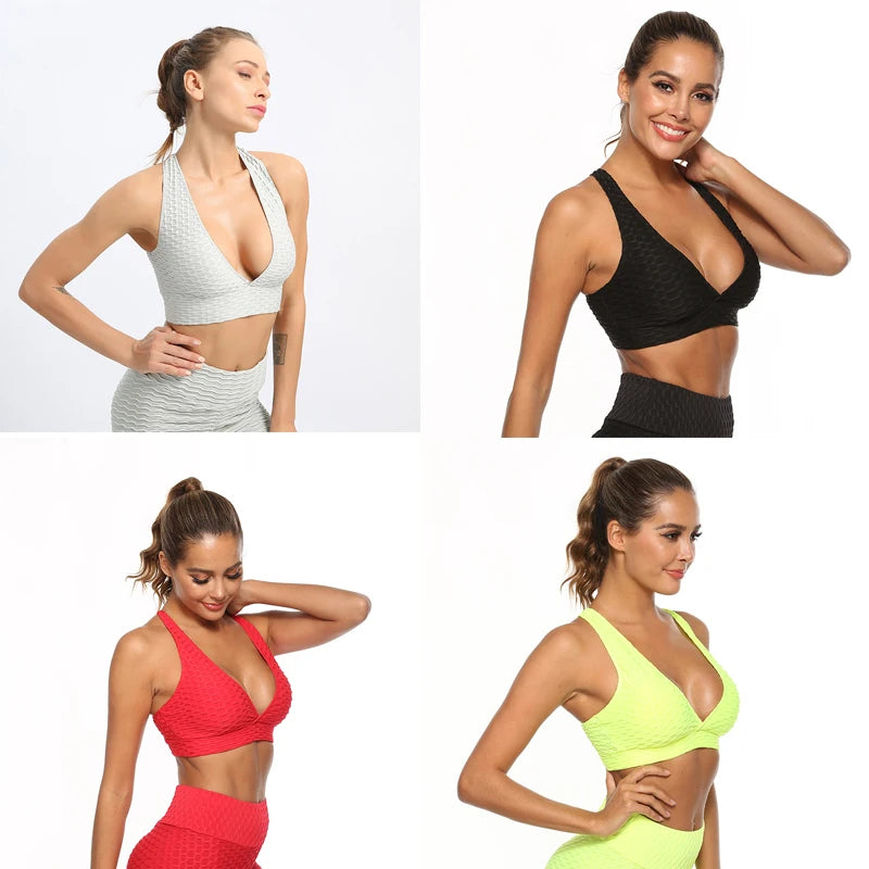 Shockproof Women Workout Sports Bra with Pad Plain Back Cross Push Up Yoga Vest Bubble Fabric Gym Fitness Quick Dry Tank Top Vedee