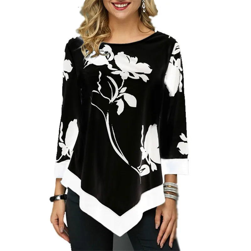 New Spring Oversized Women T Shirt Casual Irregular O-Neck Lace Splice Floral Printing Tee Shirt Women's Tops Pullovers Clothing Vedee