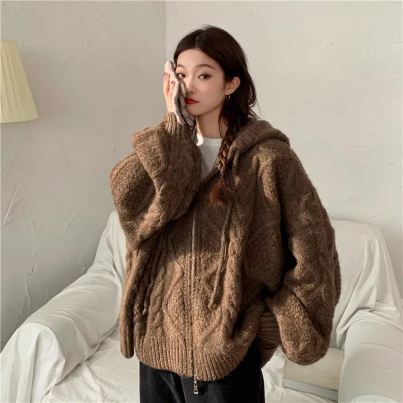 Women Autumn Winter Oversize Knitted Cardigan Casual 2022 Hooded Twist Sweater Zipper Long Sleeve Crochet Outerwear Vedee