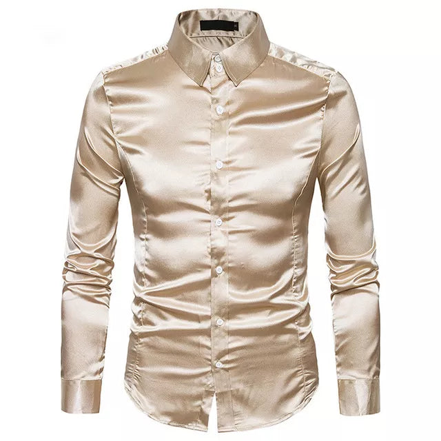 Men's Silk Shirt Long Sleeve Lapel Single Breasted Black Gold Satin Casual Slim Fit Social Formal Man Clothing Vedee