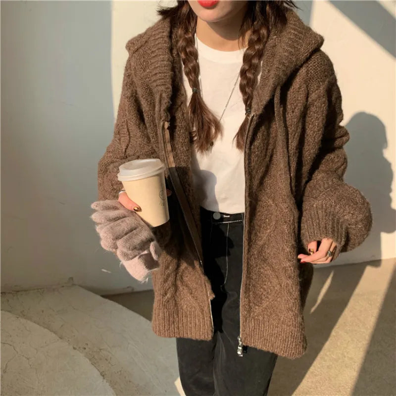 Women Autumn Winter Oversize Knitted Cardigan Casual 2022 Hooded Twist Sweater Zipper Long Sleeve Crochet Outerwear Vedee