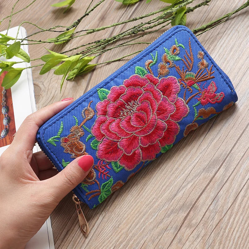 Ethnic Style Embroidery Ladies Wallets Rose Pattern Long Clutch Cloth Money Bag Large Capacity Phone Pocket Women Coin Purse Vedee