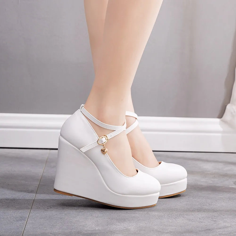 High Heels Plus Size Platform Wedges Female Pumps Women's Flock Buckle Ankle Strap Wedding Shoes Vedee