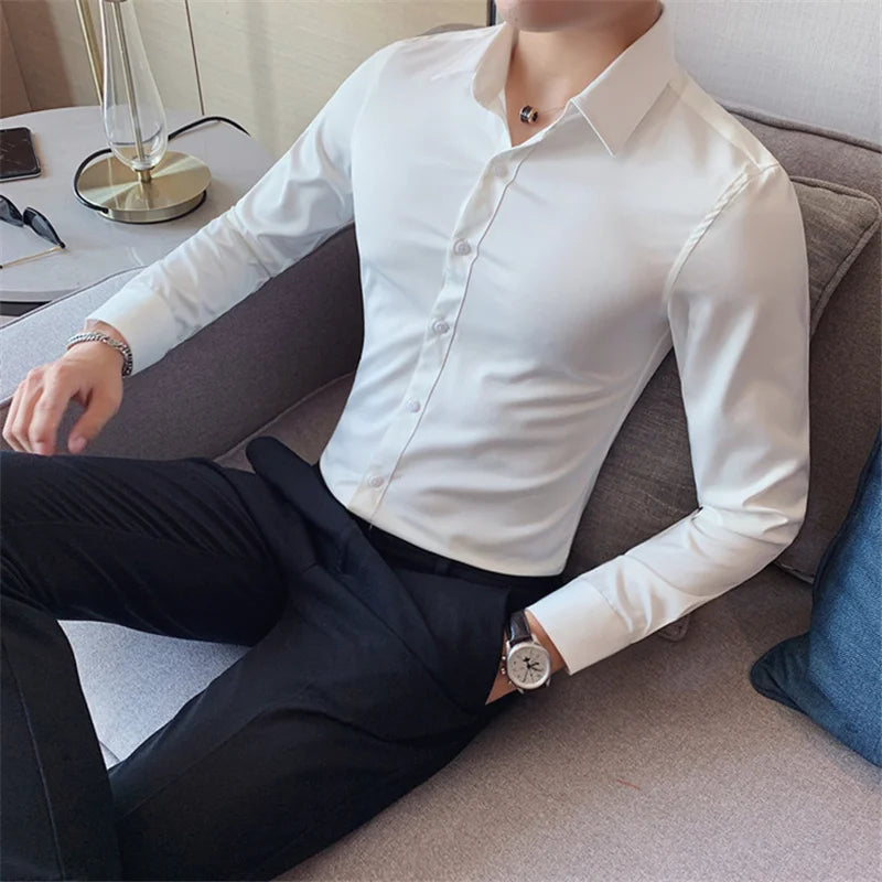 10 Colors High Quality Men Dress Shirt 2021 Autumn Long Sleeve Solid Business Slim Fit Shirts Homme Dress Social Casual Shirt Vedee