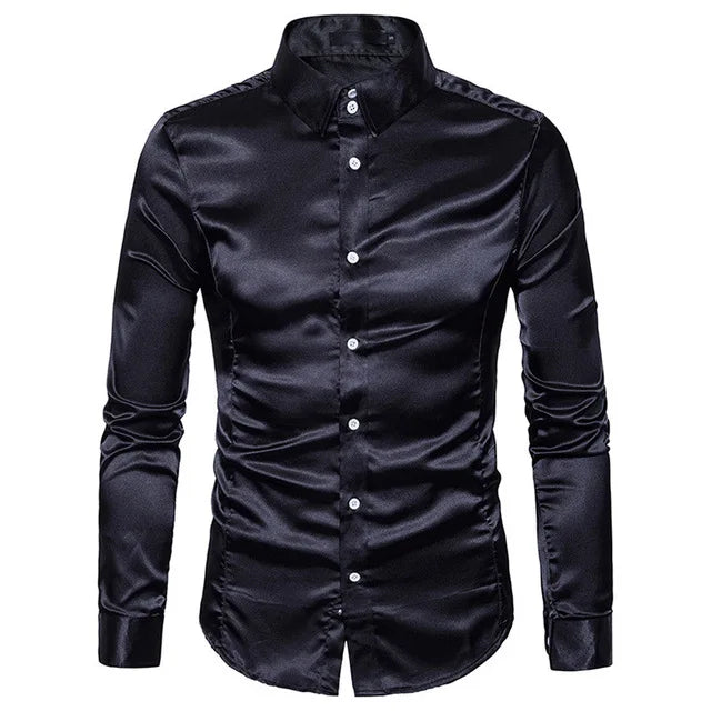 Men's Silk Shirt Long Sleeve Lapel Single Breasted Black Gold Satin Casual Slim Fit Social Formal Man Clothing Vedee