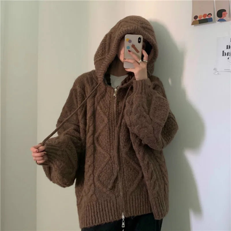 Women Autumn Winter Oversize Knitted Cardigan Casual 2022 Hooded Twist Sweater Zipper Long Sleeve Crochet Outerwear Vedee