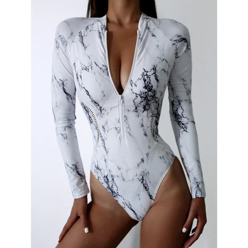 Summer Print Zipper One Piece Swimsuit Closed Long Sleeve Swimwear Sports Surfing Women's Swimming Bathing Suit Beach Bather Vedee