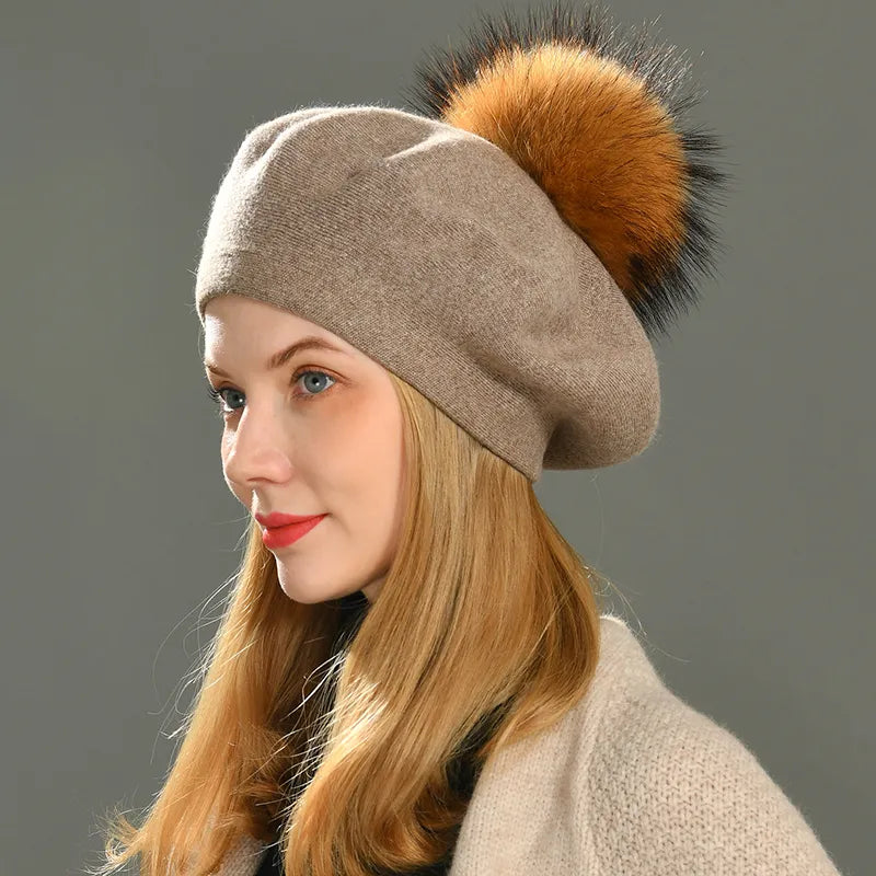 Jaxmonoy Winter Female Beret Women Hat Big Real Raccoon Fur Pompom Beret Wool Cashmere Natural Fur Ball Fashion Beret Cap Female Vedee