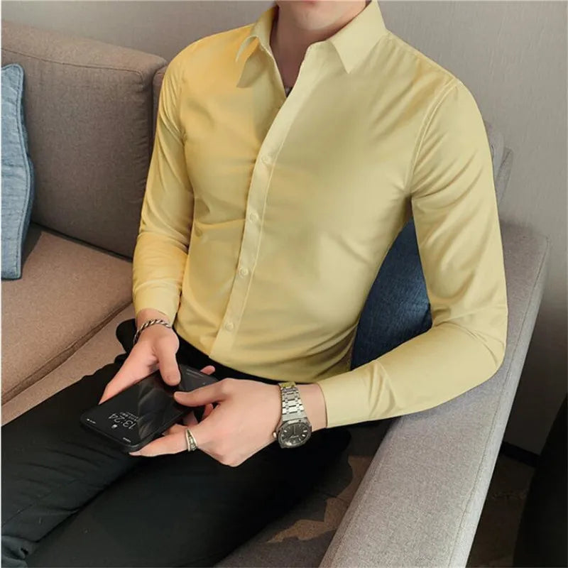 10 Colors High Quality Men Dress Shirt 2021 Autumn Long Sleeve Solid Business Slim Fit Shirts Homme Dress Social Casual Shirt Vedee