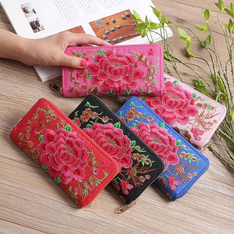 Ethnic Style Embroidery Ladies Wallets Rose Pattern Long Clutch Cloth Money Bag Large Capacity Phone Pocket Women Coin Purse Vedee