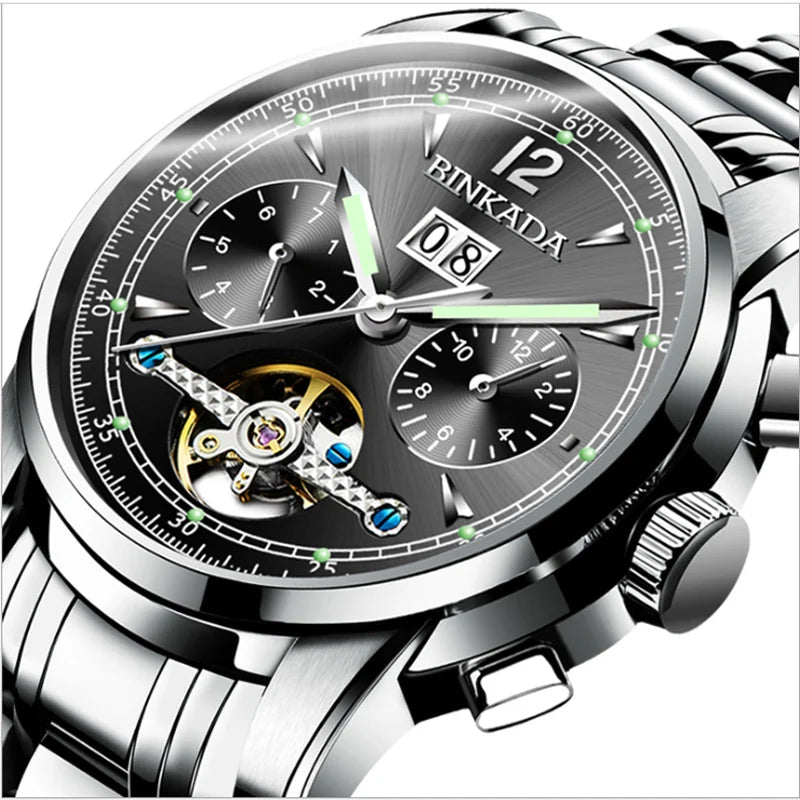 Men's Automatic Mechanical Wrist Watch Luminous Calendar Fashion Hollow Steel Band Business Waterproof Sports Chronograph Vedee