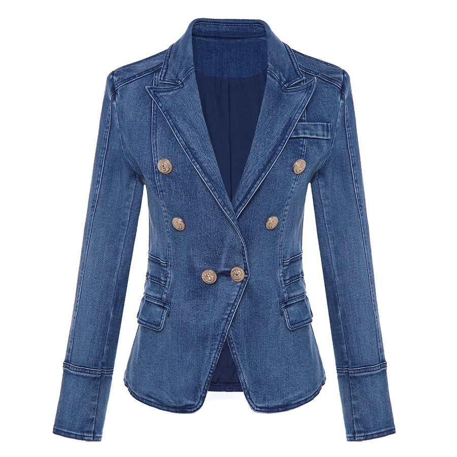 HIGH QUALITY New Fashion 2024 Designer Blazer Women's Metal Lion Buttons Double Breasted Denim Blazer Jacket Outer Coat Vedee