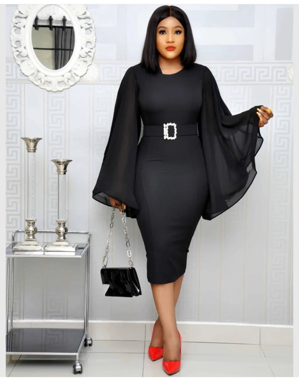 Black Elegant Party Dress Women 2019 Black Office Fashion Chiffon Flare Long Sleeve Sexy Bodycon Belt Ladies Autumn Midi Dresses Vedee