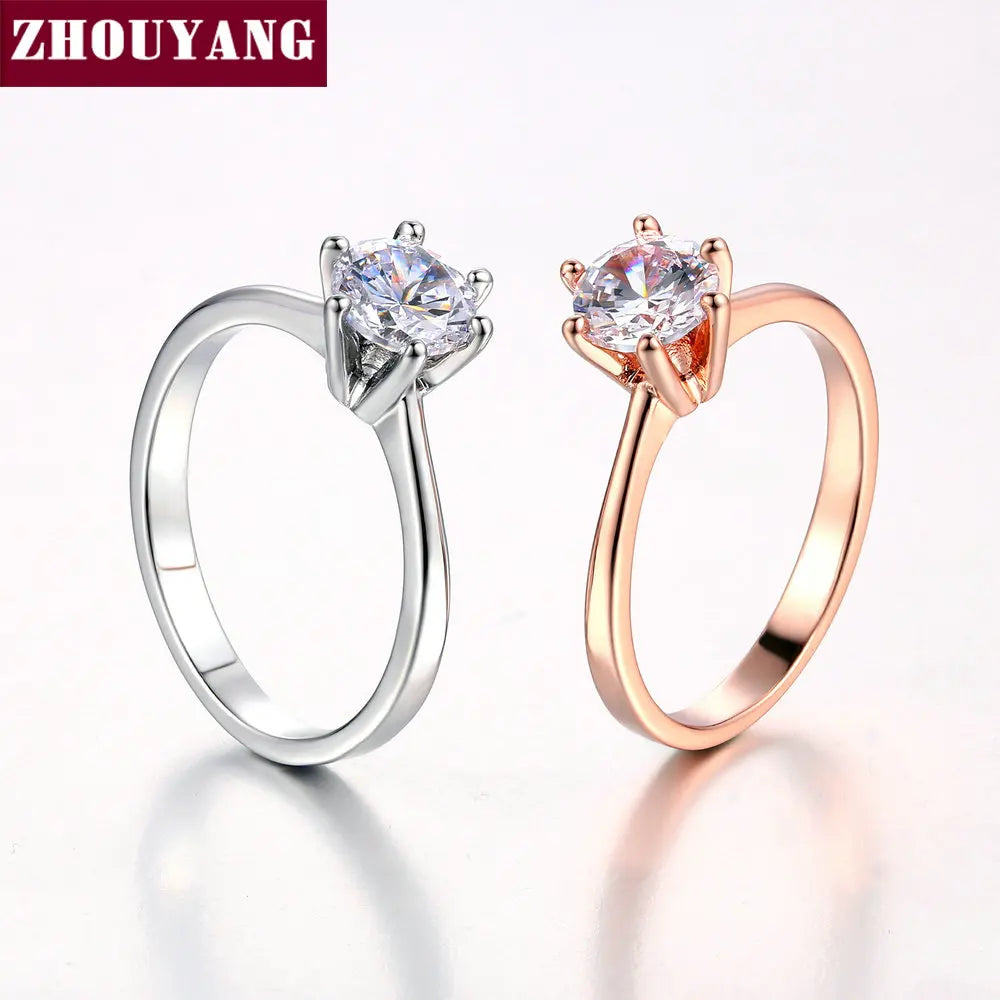 ZHOUYANG Wedding Ring For Women Rose Gold Color Six Claw Cubic Zirconia Round Cut 1 Carat 6mm Fashion Jewelry R013 R014 Vedee