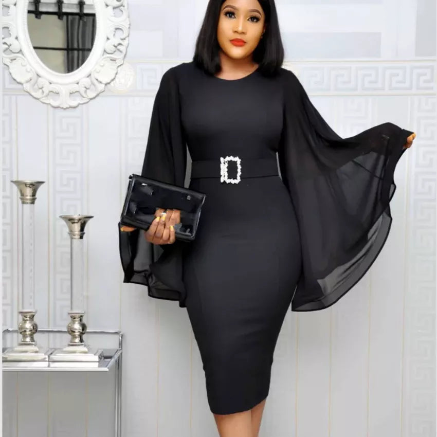 Black Elegant Party Dress Women 2019 Black Office Fashion Chiffon Flare Long Sleeve Sexy Bodycon Belt Ladies Autumn Midi Dresses Vedee