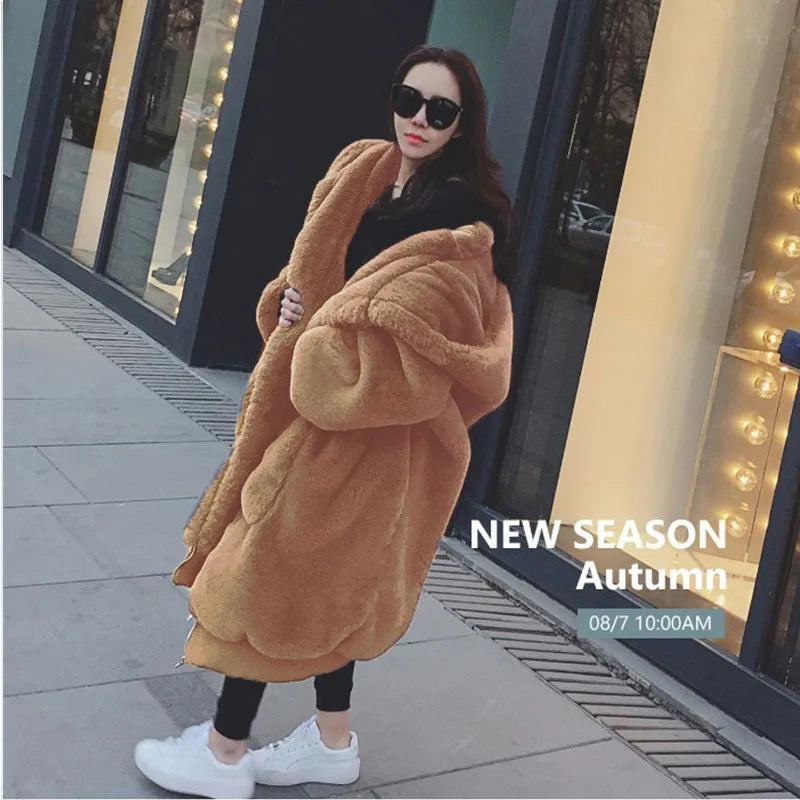 Oversized Winter Faux Fur Coat Women Parka Long Warm Faux Fur Jacket Coats Hoodies Loose Winter Coat Outwear Casaco Feminino Vedee