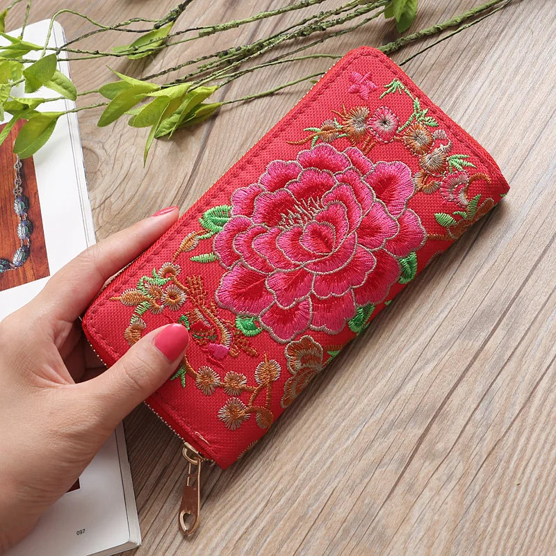 Ethnic Style Embroidery Ladies Wallets Rose Pattern Long Clutch Cloth Money Bag Large Capacity Phone Pocket Women Coin Purse Vedee