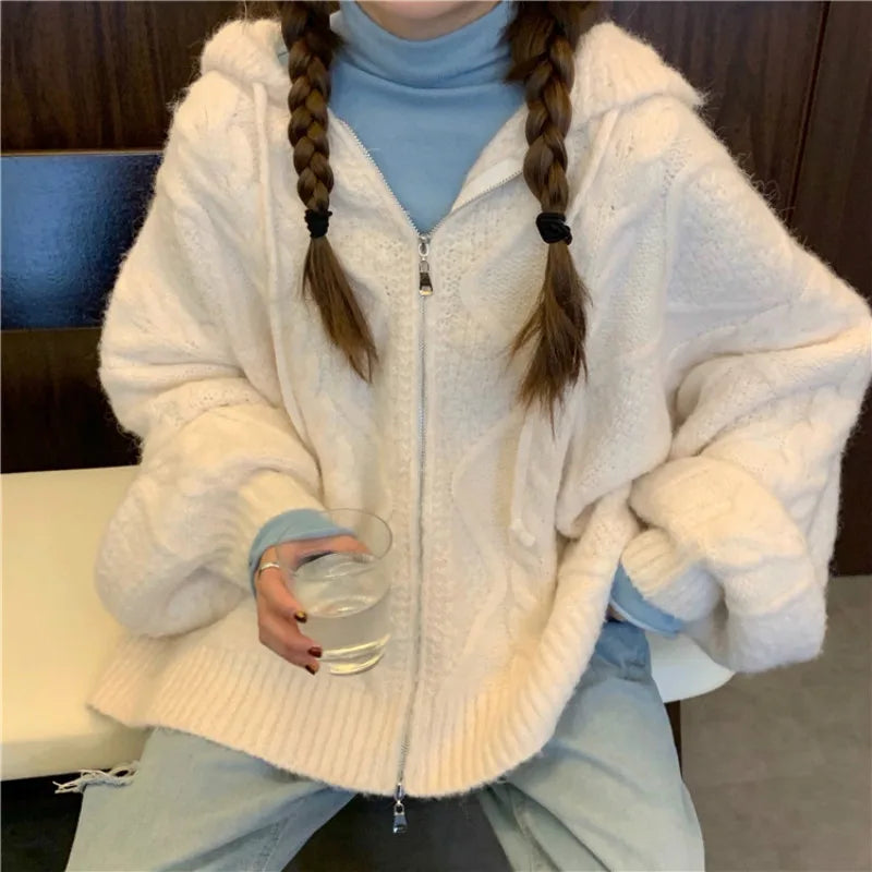 Women Autumn Winter Oversize Knitted Cardigan Casual 2022 Hooded Twist Sweater Zipper Long Sleeve Crochet Outerwear Vedee