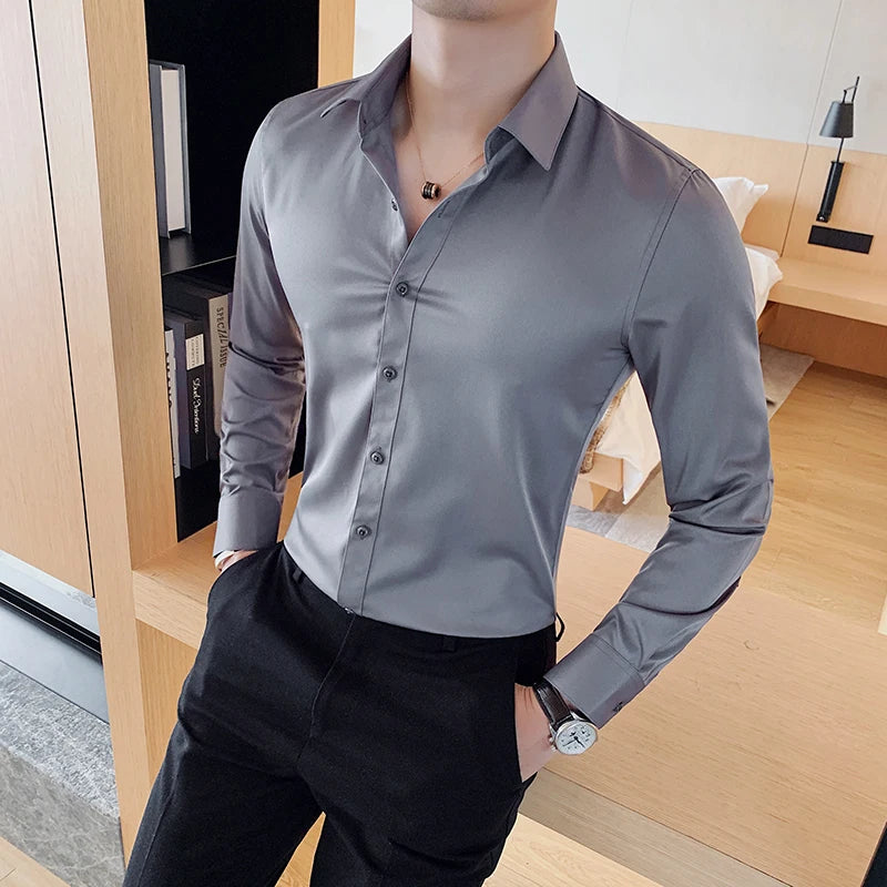 10 Colors High Quality Men Dress Shirt 2021 Autumn Long Sleeve Solid Business Slim Fit Shirts Homme Dress Social Casual Shirt Vedee