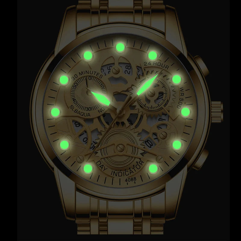 Men's Fashion Hollow Gear Student Waterproof Luminous Pointer Calendar Sports Fine Steel Dand Multifunctional Domineering Watch Vedee