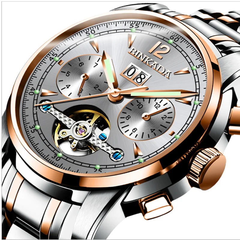 Men's Automatic Mechanical Wrist Watch Luminous Calendar Fashion Hollow Steel Band Business Waterproof Sports Chronograph Vedee