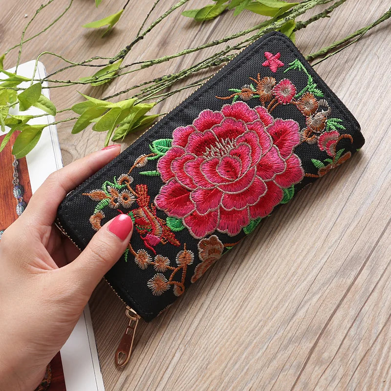 Ethnic Style Embroidery Ladies Wallets Rose Pattern Long Clutch Cloth Money Bag Large Capacity Phone Pocket Women Coin Purse Vedee