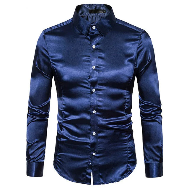 Men's Silk Shirt Long Sleeve Lapel Single Breasted Black Gold Satin Casual Slim Fit Social Formal Man Clothing Vedee