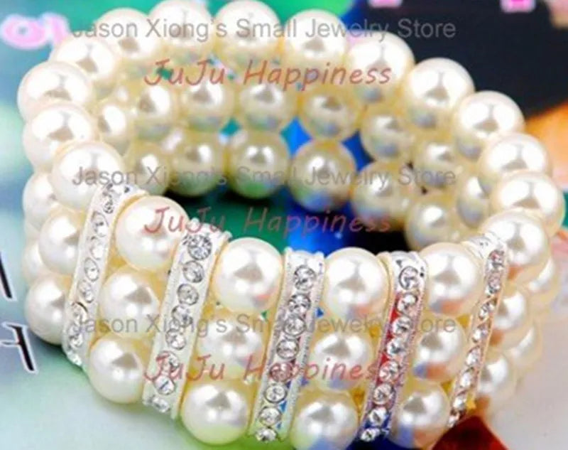 Fashion Three Rows White/Ricewhite Glass Pearl Beads Stretchy Bracelet With Clear Rhinestone Accessory One Piece pbb1004 Vedee