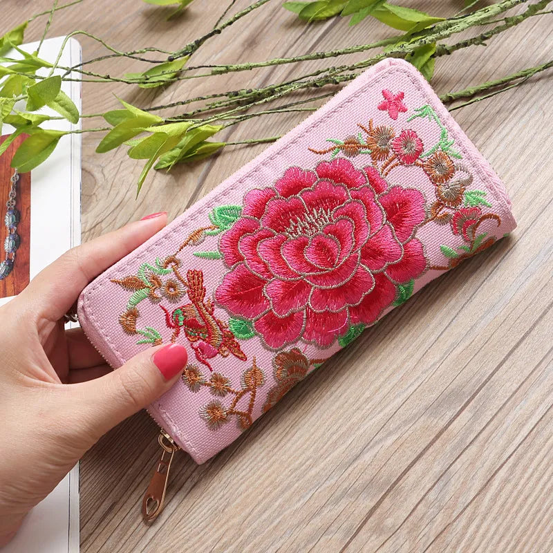 Ethnic Style Embroidery Ladies Wallets Rose Pattern Long Clutch Cloth Money Bag Large Capacity Phone Pocket Women Coin Purse Vedee