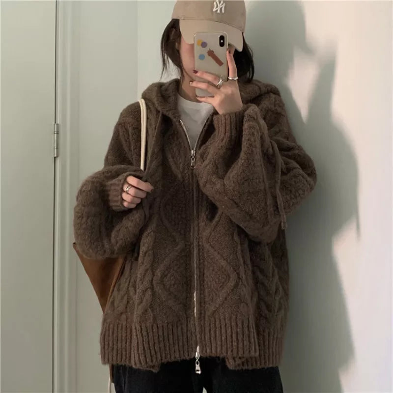 Women Autumn Winter Oversize Knitted Cardigan Casual 2022 Hooded Twist Sweater Zipper Long Sleeve Crochet Outerwear Vedee