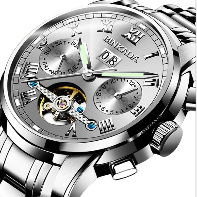 Men's Automatic Mechanical Wrist Watch Luminous Calendar Fashion Hollow Steel Band Business Waterproof Sports Chronograph Vedee