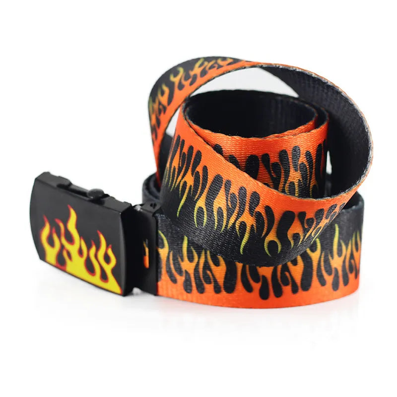 New Style Flame Print Men Women Unisex Plain Webbing Belts High Quality Nylon Belts Fashion Men's Jeans Waist Belt Longer 160cm Vedee