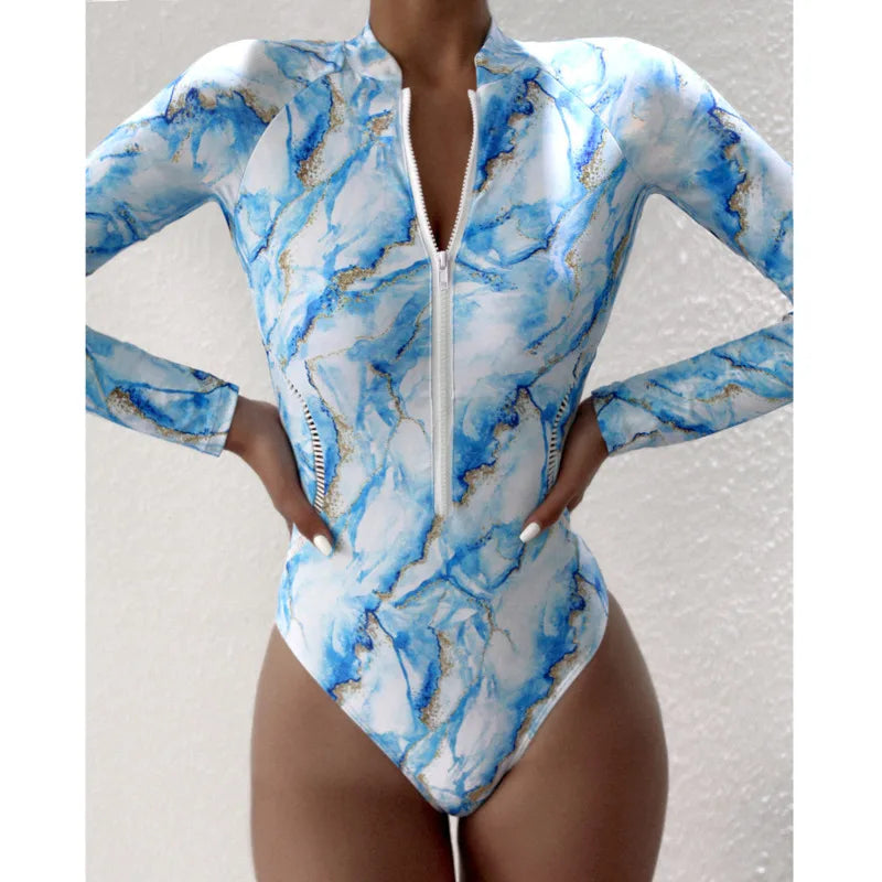 Summer Print Zipper One Piece Swimsuit Closed Long Sleeve Swimwear Sports Surfing Women's Swimming Bathing Suit Beach Bather Vedee