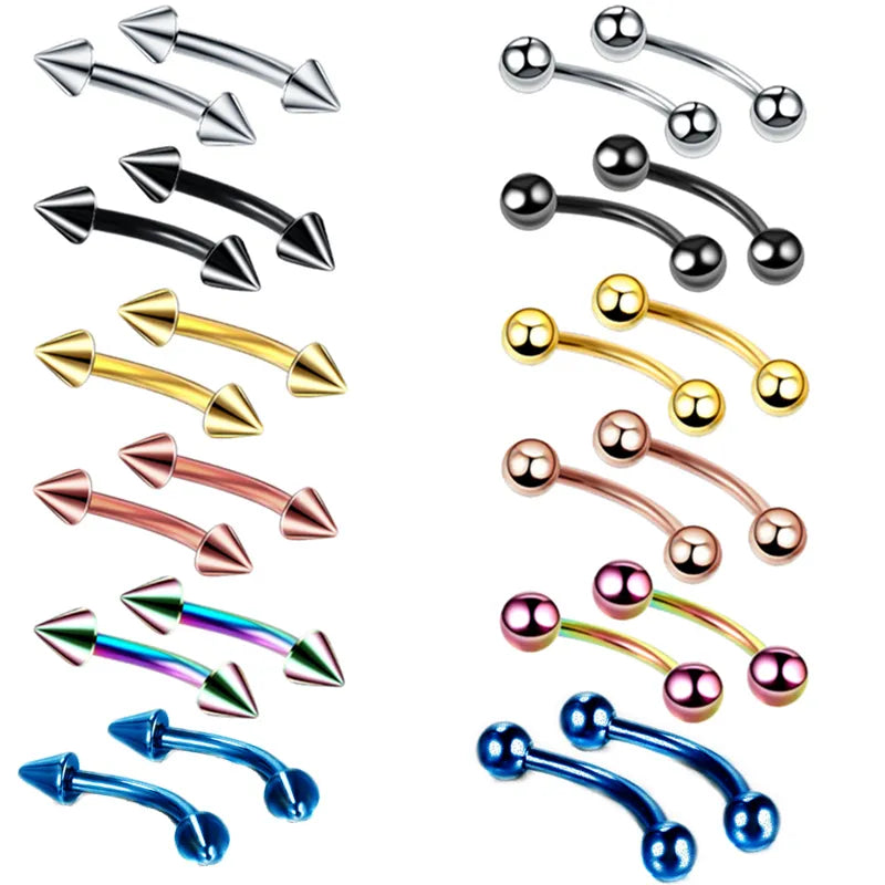 2PCS Stainless Steel 16G Eyebrow Banana Piercing Ring Labret Lip Tongue Piercing Snake Eyes Banana Lengua Rook Tragus Earring Vedee