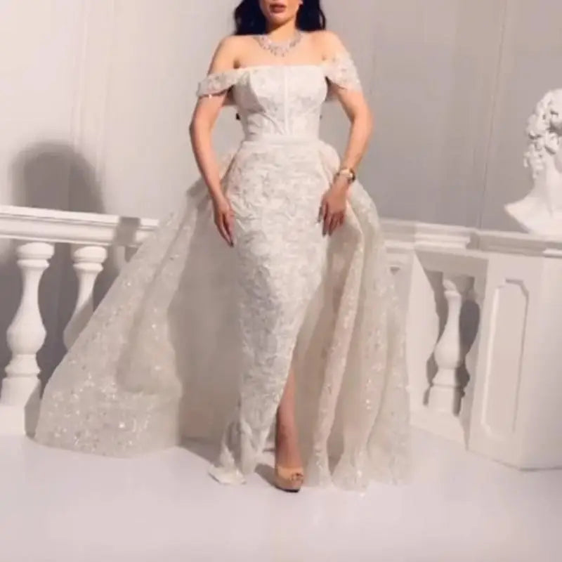 Sexy off-the-shoulder one-line collar tulle overskirt two piece mermaid detachable tail wedding dress Vedee