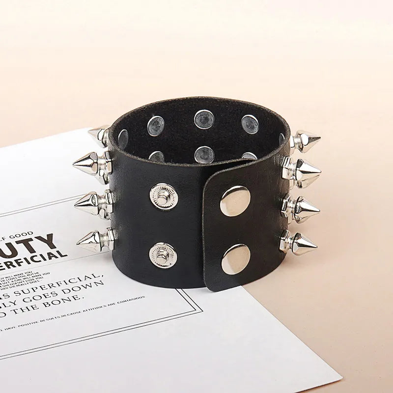 Fashion Gothic Punk PU Leather Studded Spikes Rivet Wide Cuff Bracelet Gothic Rivet Buckle Wristband for Men Women Jewelry Vedee