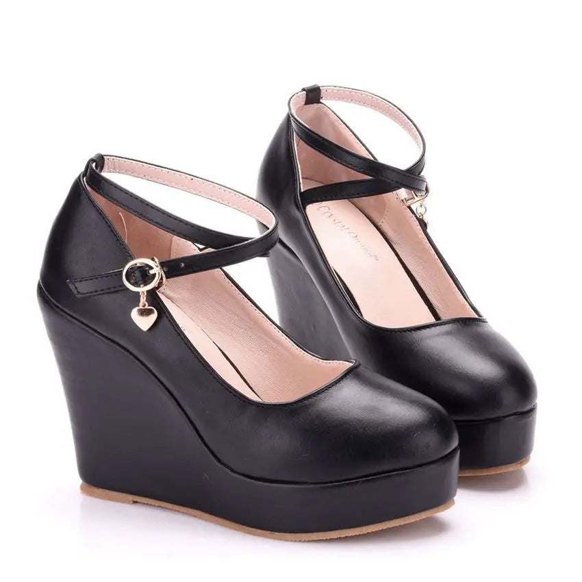 High Heels Plus Size Platform Wedges Female Pumps Women's Flock Buckle Ankle Strap Wedding Shoes Vedee