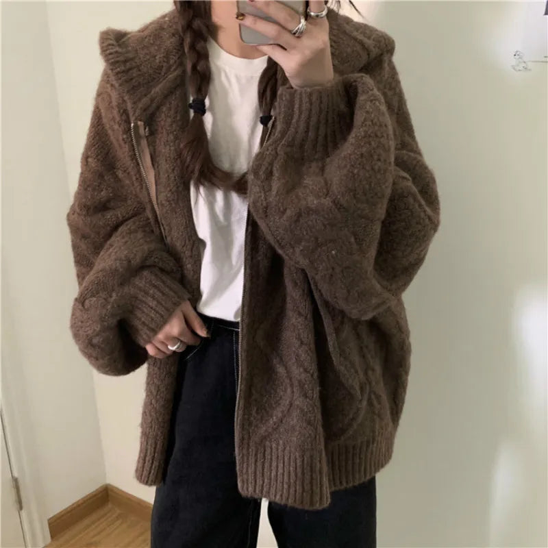 Women Autumn Winter Oversize Knitted Cardigan Casual 2022 Hooded Twist Sweater Zipper Long Sleeve Crochet Outerwear Vedee