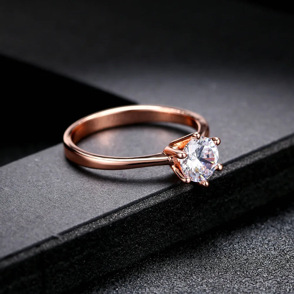 ZHOUYANG Wedding Ring For Women Rose Gold Color Six Claw Cubic Zirconia Round Cut 1 Carat 6mm Fashion Jewelry R013 R014 Vedee