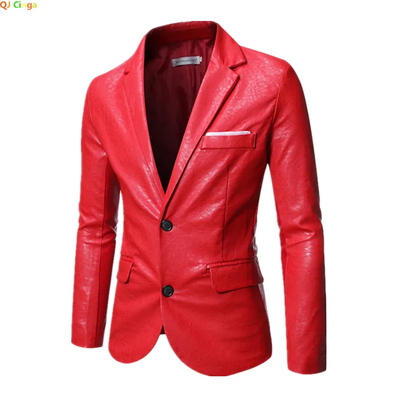 Bright Red Suit Jacket Men's PU Coats Fashion Casual Leather Jackets Black Khaki Blue Blazers Plus Size M-5XL 6XL Outerwear Vedee