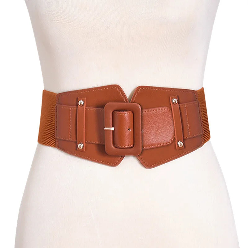 New Fashion Elastic Wide Belt Strap Vintage Women PU Leather Buckle Elastic Wide Belt Strap Solid Color Waistband Vedee