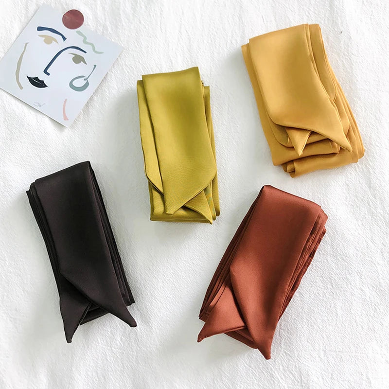 Solid Color Long Silk Skinny Scarf Women Neck Skinny Scarves Hairband Lady Narrow Neckerchief Bag Ribbons Brand Choker Streamer Vedee