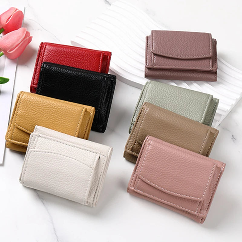 Three-fold Women Short Wallet Money Coin Purse Card Holder Mini Cute Clutch Female Solid Color PU Leather Slim Zipper Bag Vedee